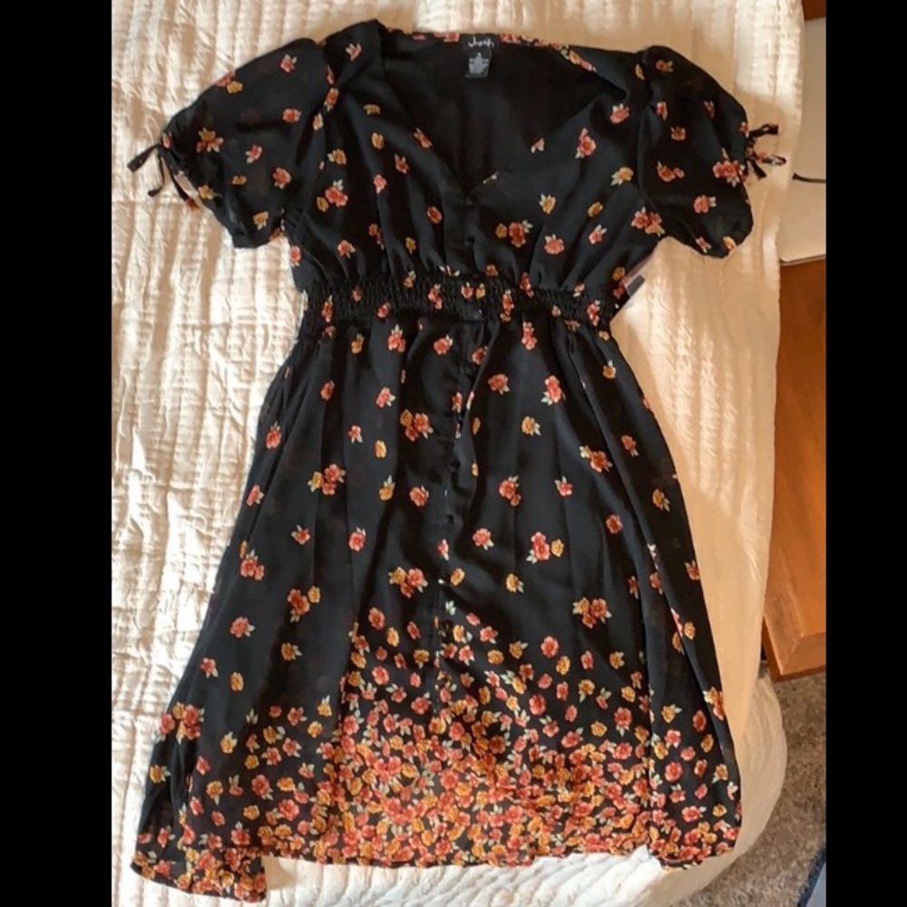Black dress with red and orange flowers